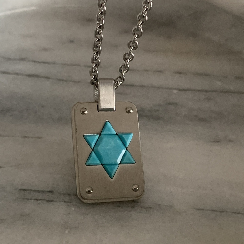 Turquoise and Stainless Steel Star of David Dog Tag On 20” Chain